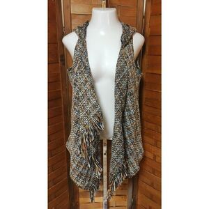 Hyfve Cardigan Sz Large Brown Hooded Pockets Open Front Knit Fringe Autumn Wear
